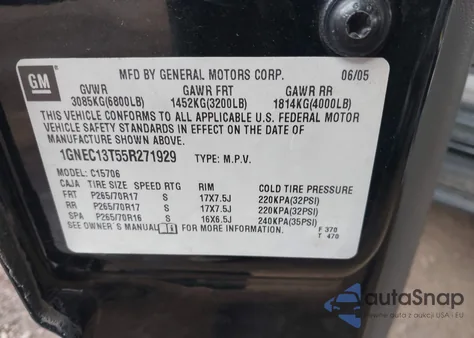 2005 Chevrolet Tahoe Lt z USA, uszkodzony, nr VIN 1GNEC13T55R271929